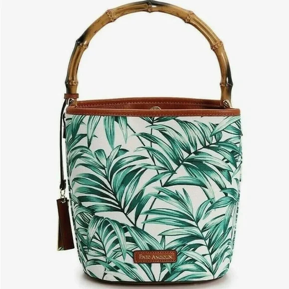 Resort Ready ENZO ANGIOLINI Green Multi Fabric Canvas Bamboo Resin Handle Purse - Picture 3 of 9